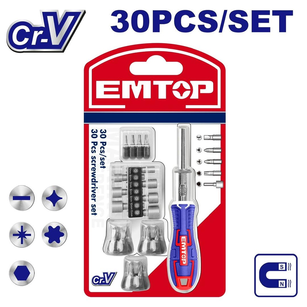Juego de 30 piezas de destornilladores con sus puntas (30 Pcs screwdriver set). EBST03006