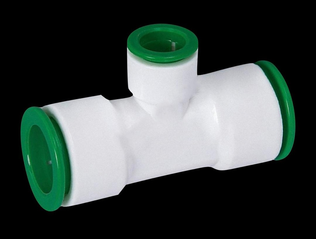 TEE PLÁSTICA DE 3/4" DE DIÁMETRO CON CONECTOR RÁPIDO EN TODOS SUS EXTREMOS