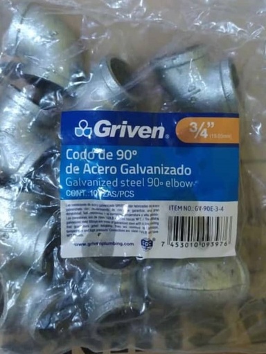 [GV-MF-3-4] SET DE CODO ROSCA MACHO DE 90° DE ACERO GALVANIZADO 3/4" - 150LB, MARCA GRIVEN