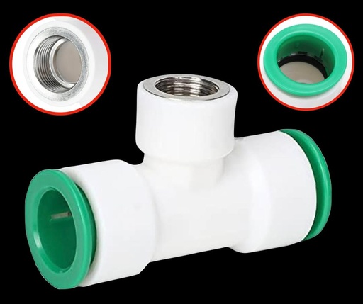 [PLAST.CON-LINYIV-30] TEE PLÁSTICA DE 3/4" X 1/2" DE DIÁMETROS CON CONECTOR RÁPIDO EN DOS EXTREMOS Y ROSCA HEMBRA EN EL OTRO